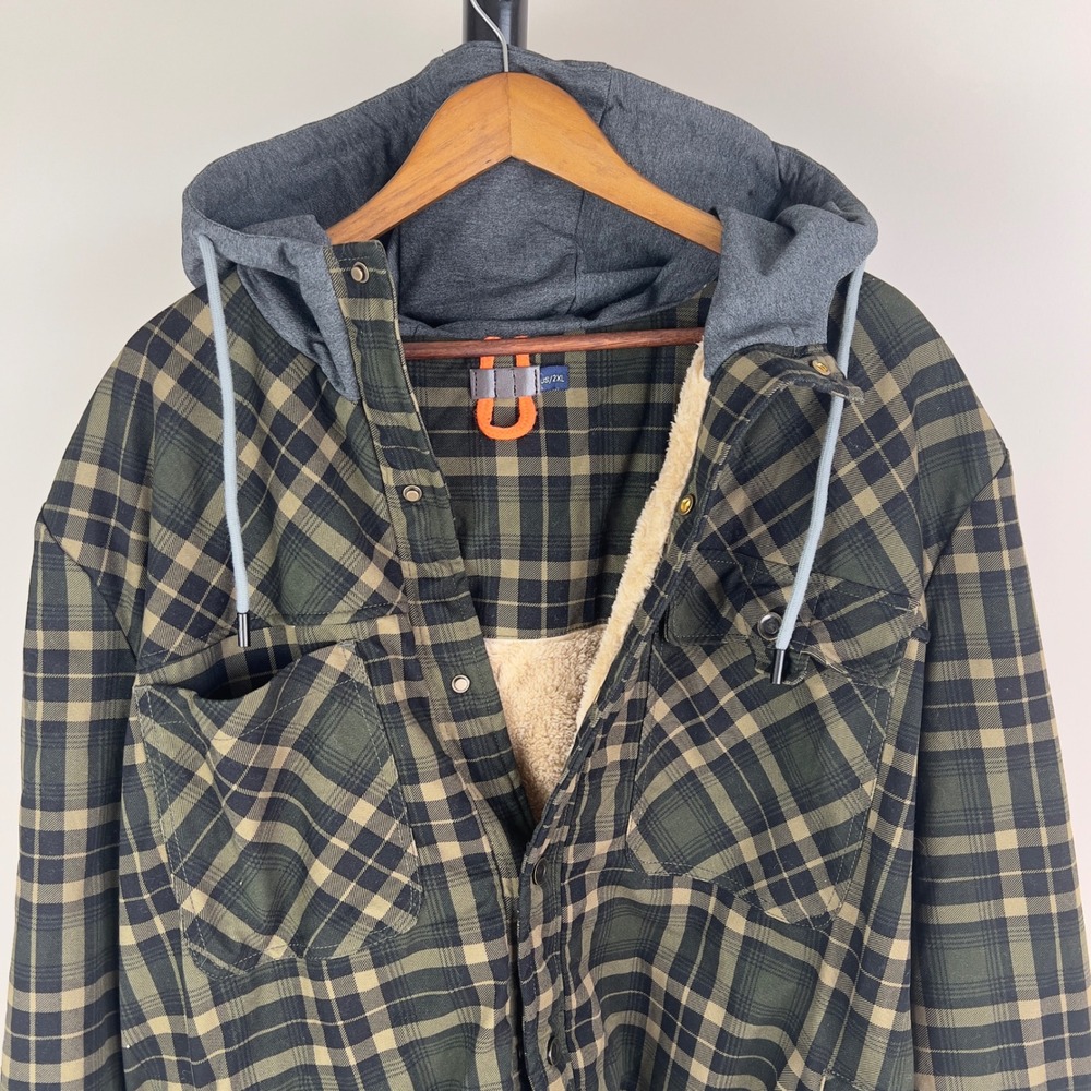 Mens 2XL Sherpa Lined Hooded Flannel Shirt Jacket Plaid Heavyweight Green
